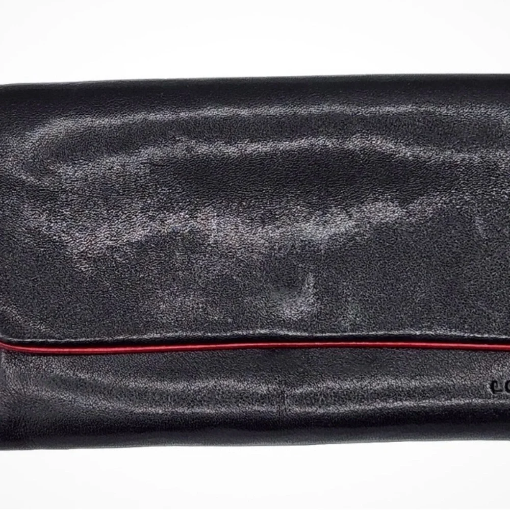 Vintage Lodis Los Angeles Smooth Black Leather Wallet Clutch Red Trim Zip Coin